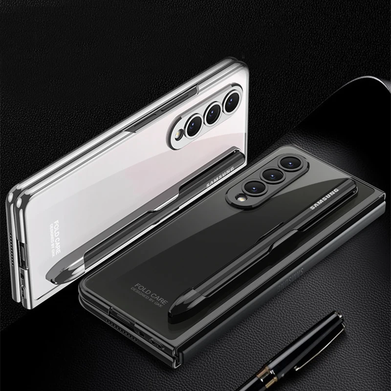 Electroplated Frame Shockproof Front Tempered Glass Full Protection Cover For Samsung Galaxy Z Fold 4 Case with S Pen Holder