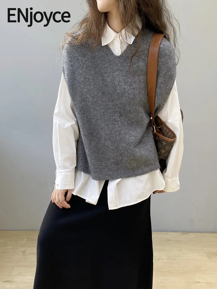 

ENjoyce Women Vintage Knitted Vest Korean Fashion Wide Shoulder V-Neck Sleeveless Loose Sweaters Pullovers Tops Spring Fall