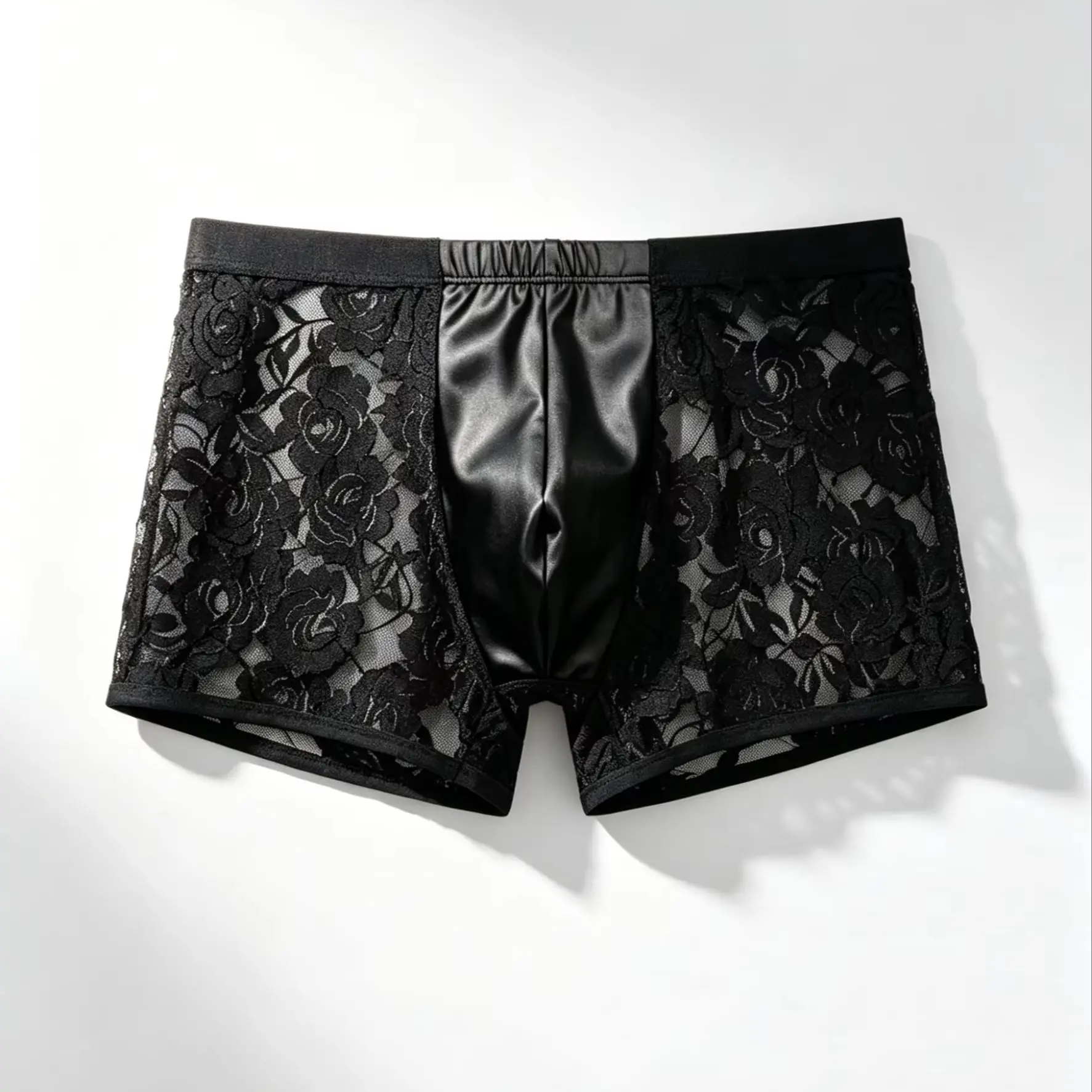 Men Sexy See Through Lace Boxer Briefs, Rose Floral Lace Spliced PU Leather Front Panel, Transparent Mesh Mens Short Underpants