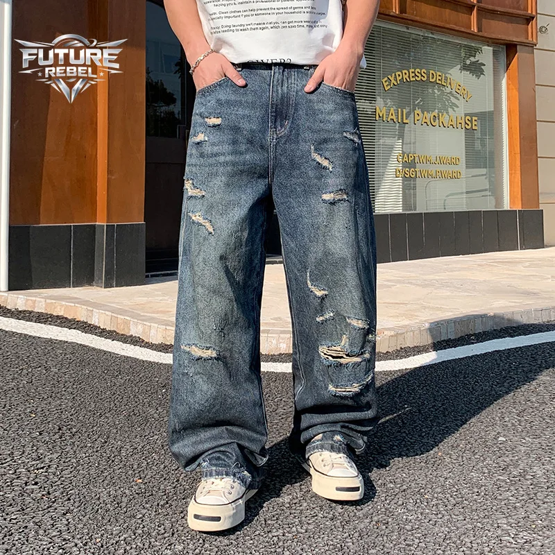 

New Y2K Streetwear Distressed Ripped Denim Jeans Men High Street Baggy Straight Vintage Washed Wide Leg Trousers Harajuku Unisex
