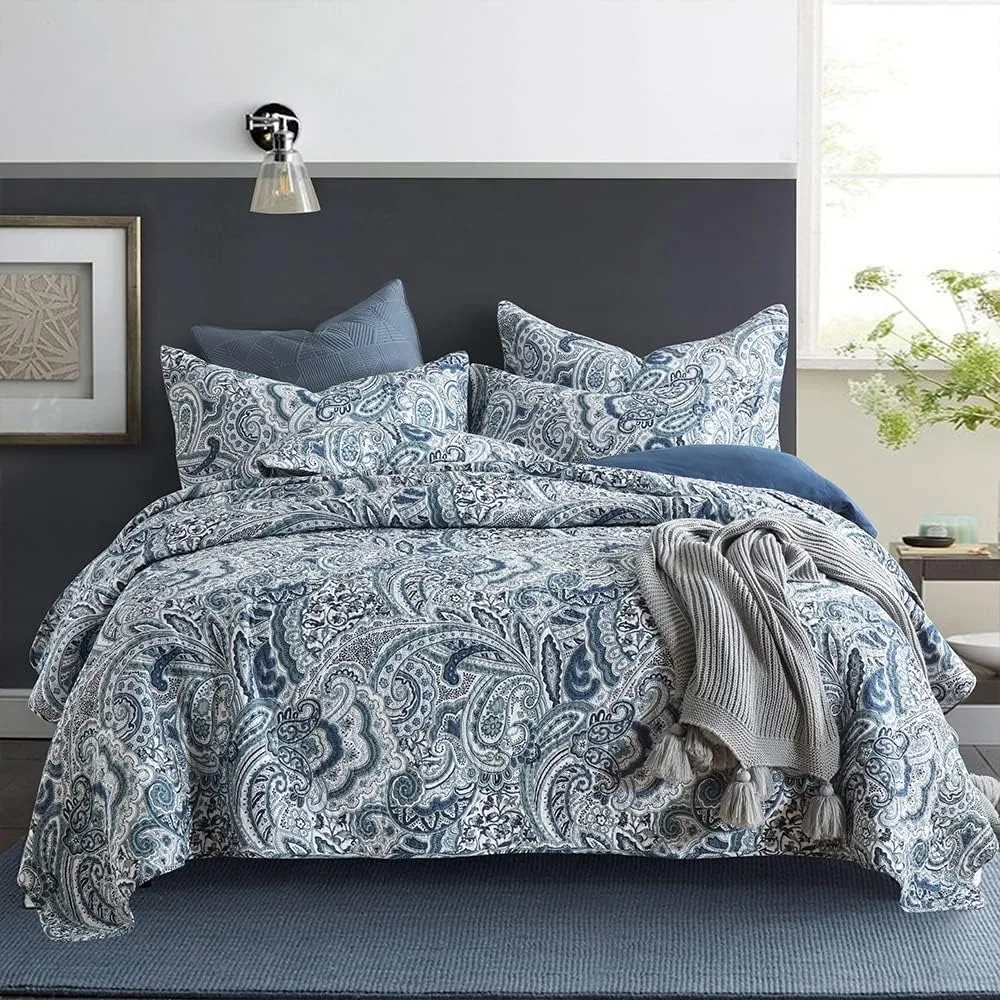 

King Size Blue Floral Paisley Reversible 3-Piece Cotton Comforter Coverlet Set