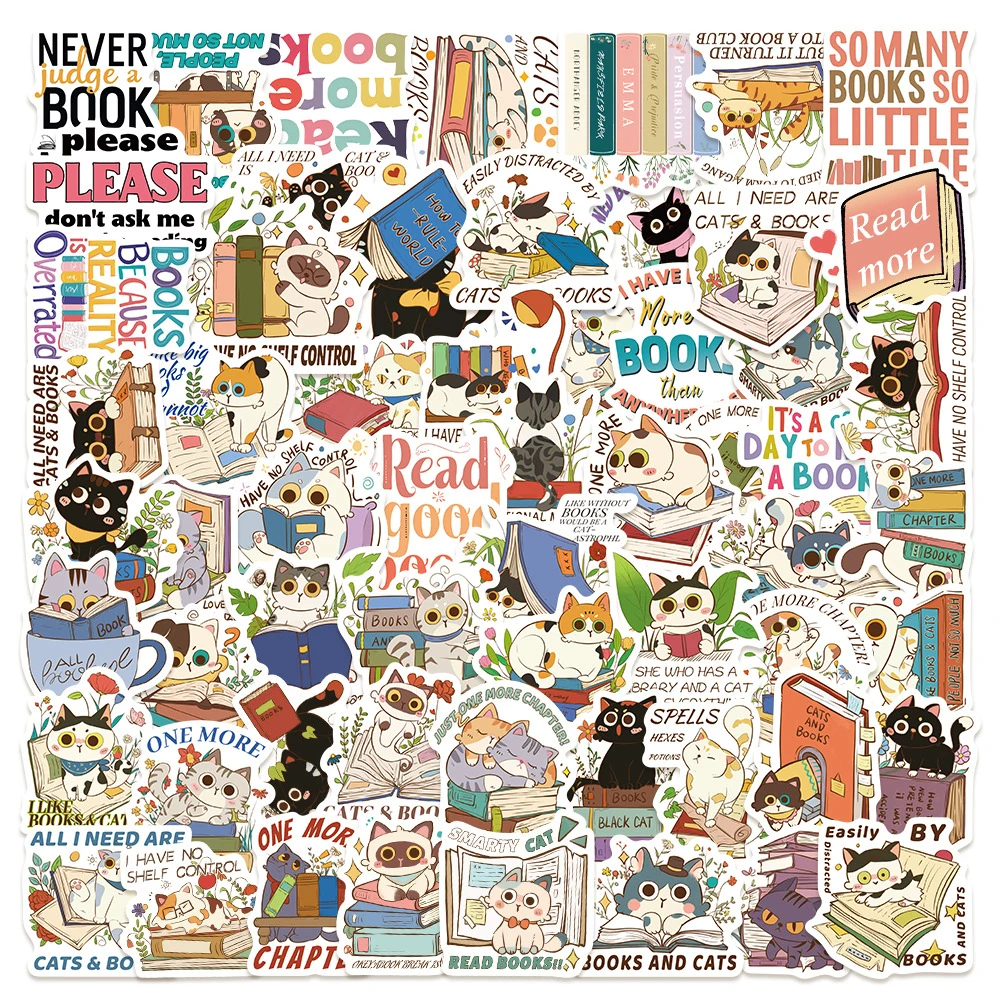 10/30/60pcs Lindas pegatinas de grafiti con diseño de gato y flor leyendo un libro, calcomanías DIY para decoración de portátiles, diarios, cuadernos, fundas de teléfono y neveras