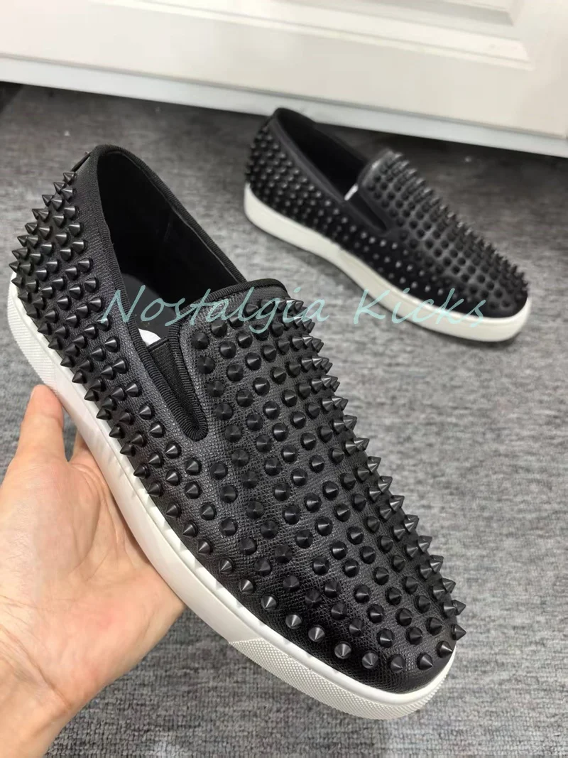 Summer Black Flat Cow Leather Spiked Loafers Slip On Anti-Slip Men's Casual Shoes Trendy Full Rivet Comfortable Sneakers