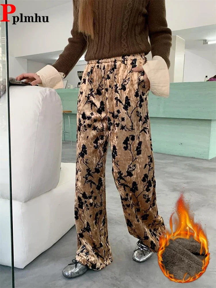 

Winter Print Pleuche High Waist Wide Leg Pants Vintage Baggy Pantalones Korea Warm Women Broek Casual Plush Velvet Lined Spodnie