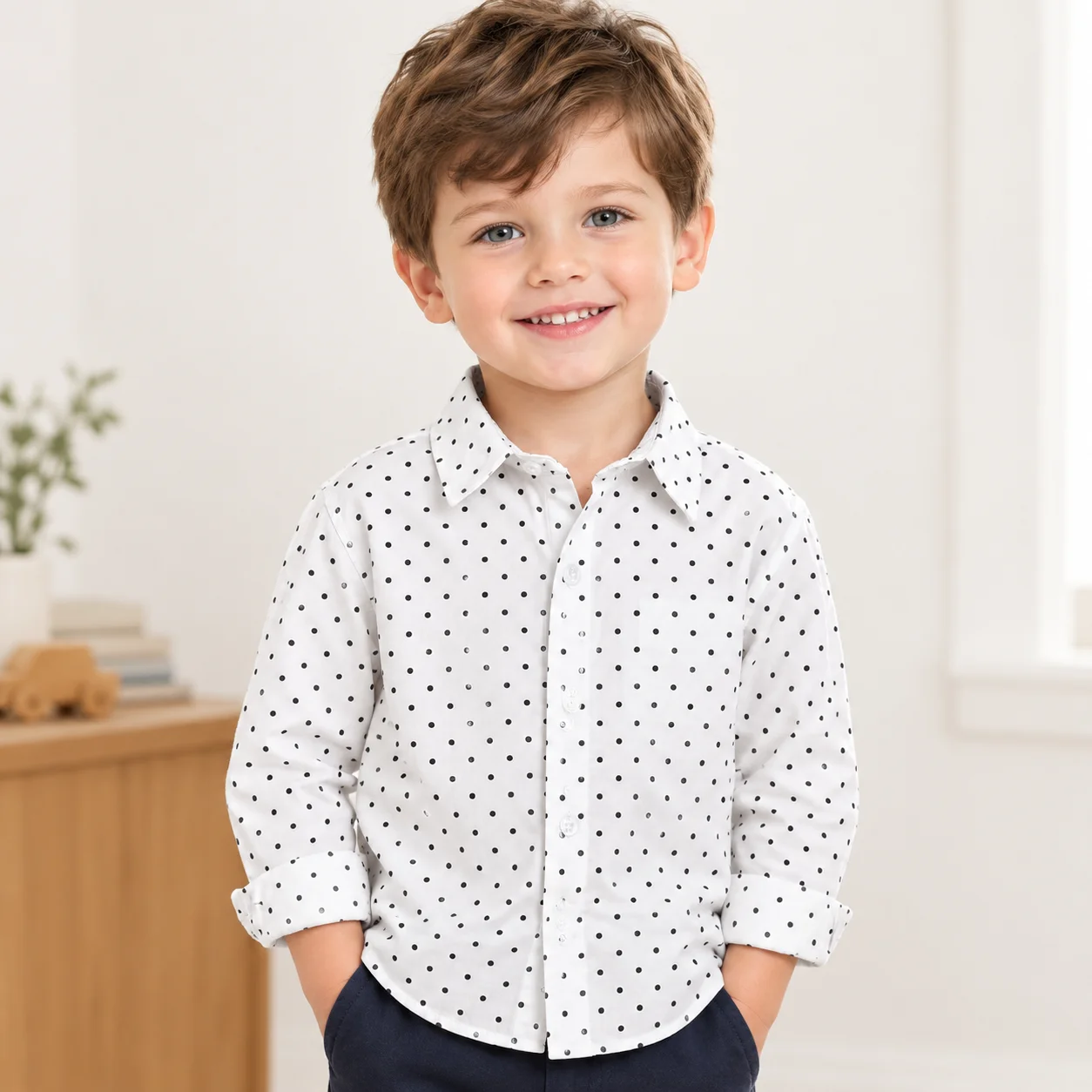 Polka-Dot-Hemd für Jungen, langärmelig, mit Knöpfen, lässiges Oberteil für den Alltag, Baby- und Kinderkleidung, 1–7 Jahre, Kinderkleidung für Frühling und Herbst. – Detail 2