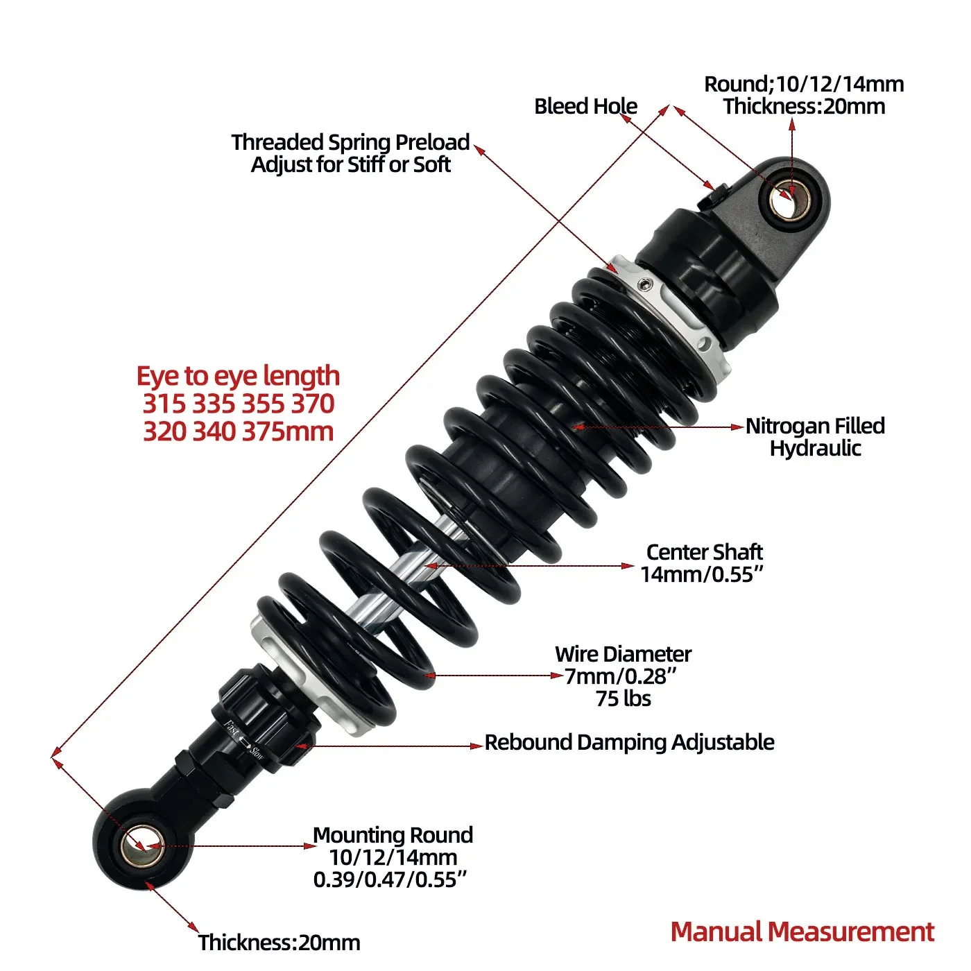 1 Piece 315mm 335mm 355mm 370mm 320mm 340mm 375mm rear shocks for Yamaha GT150/Longjia XDV250/300/Honda NS150LA/CGX150AE4