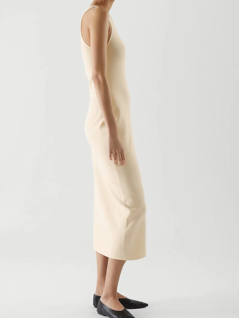 Vestidos ceñidos al cuerpo de verano N578, vestido largo ajustado de punto para mujer, vestido minimalista elegante de oficina sin mangas con cuello redondo, vestido informal sin mangas