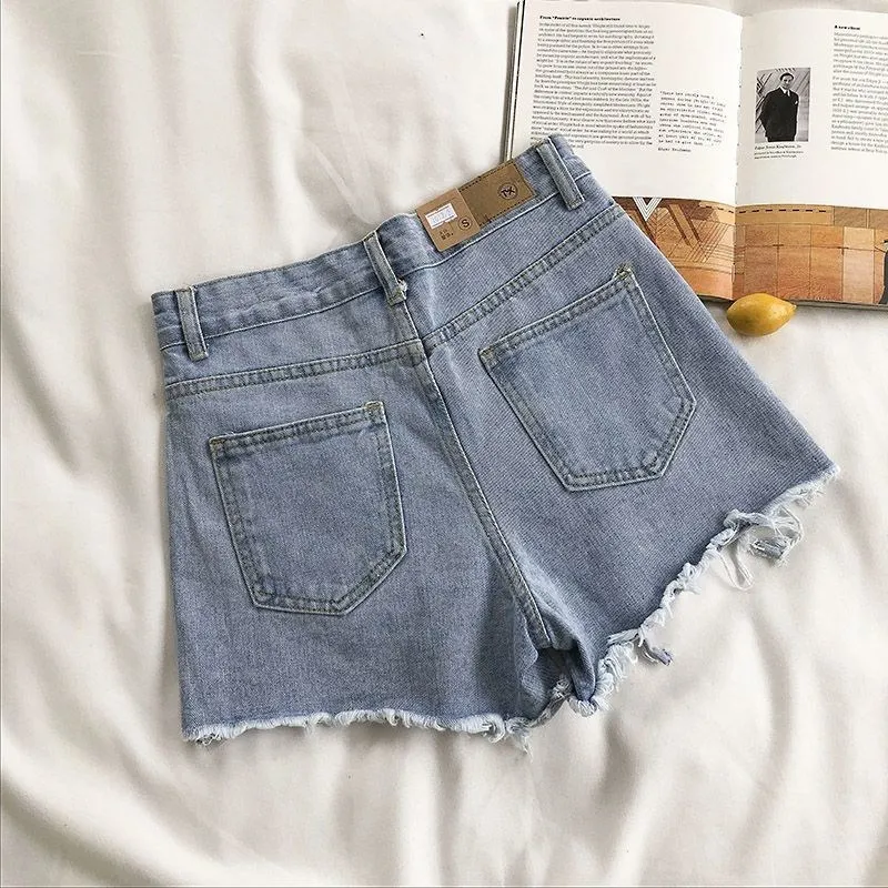 Cowboy Shorts Women's Summer Korean High Waist Casual Blue Denim Shorts Pocket Tassel Perforated Fashion Shorts Y2K Female Jeans