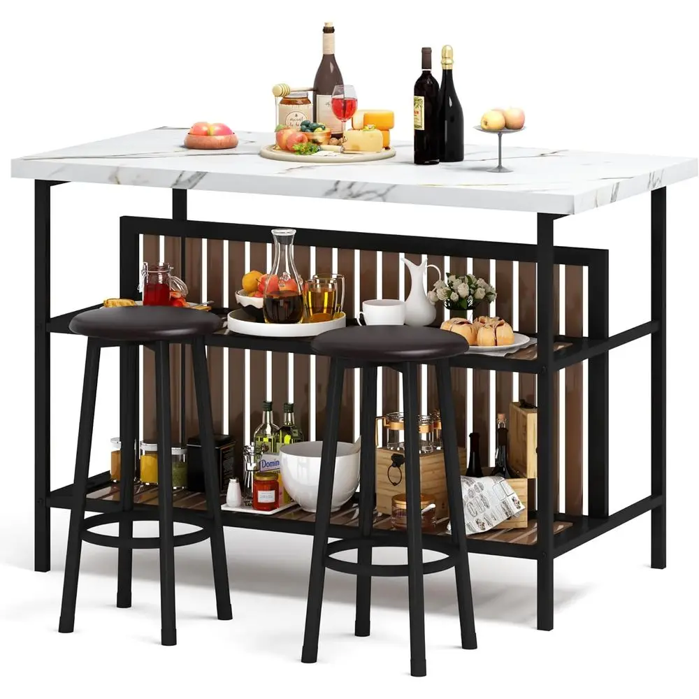

White Kitchen Island with Stools and Storage, Dining Table Set, 2-3 Piece Small Space Kitchen & Dining Sets