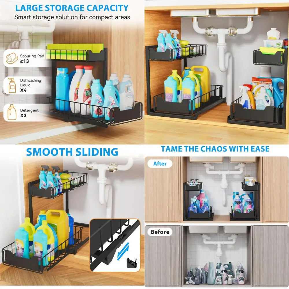 

Dual-Tier Sink Storage Organizer - Quiet Glide Metal Drawers for Kitchen, Bathroom, Pantry, and Closet in Black (L-2PC)