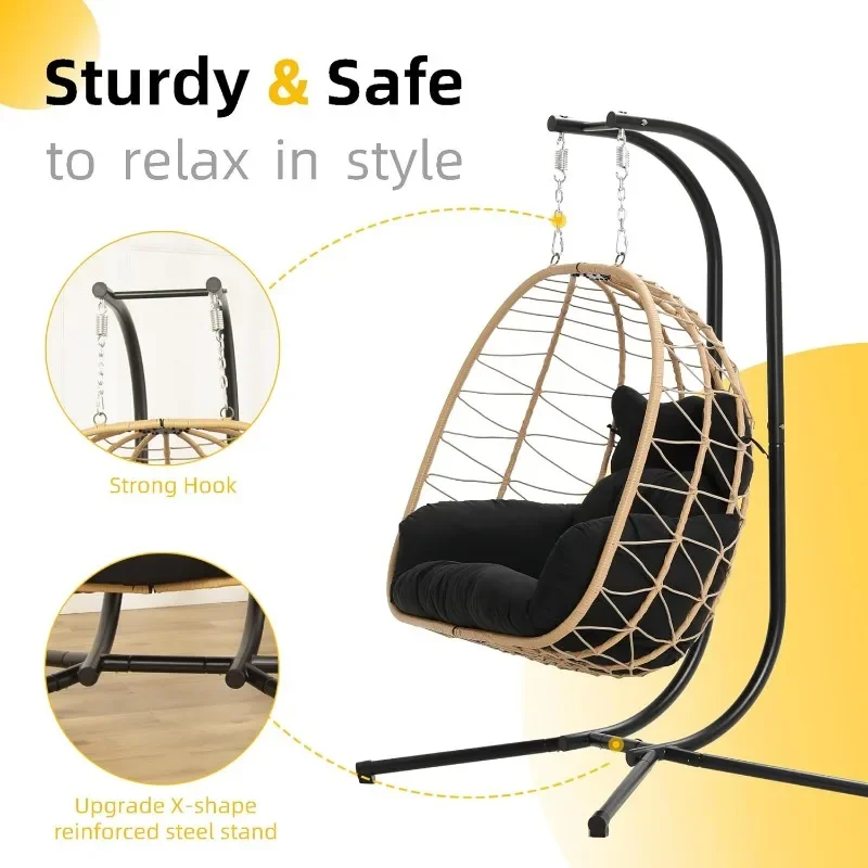 Double Indoor/Outdoor Wicker Swing Egg Chair Hammock Foldable Hanging Loveseat with Stand UV Resistant Removable Cushions