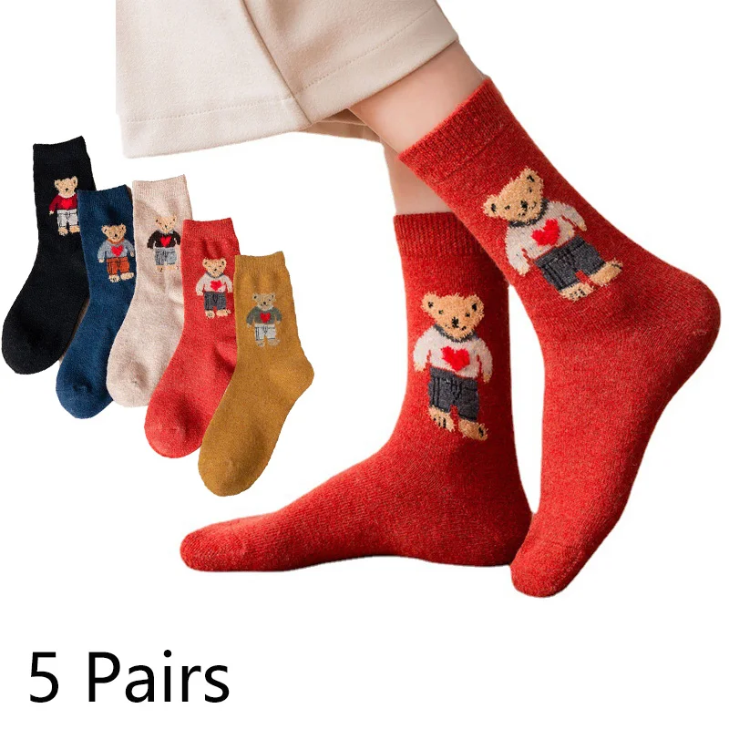 5 Par Damskich Zimowych Grubych Skarpet z Motywem Misia, Harajuku Kawaii, Koreański Styl, Skarpetki z Kaszmiru i Wełny, Uroczy Design
