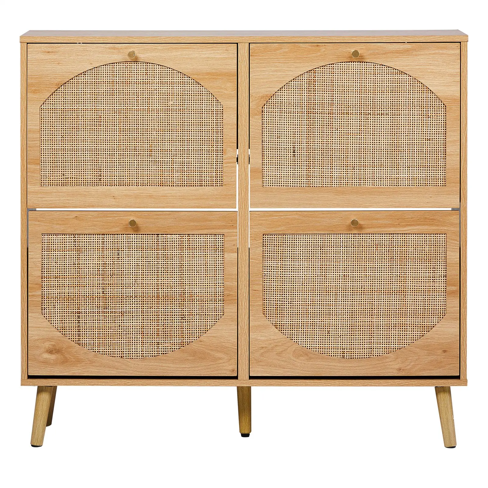 105*24*98cm Shoe Cabinet High Feet Arched Rattan Surface 2 Rows 4 Dump Buckets Triamine Density Board Shoe Racks