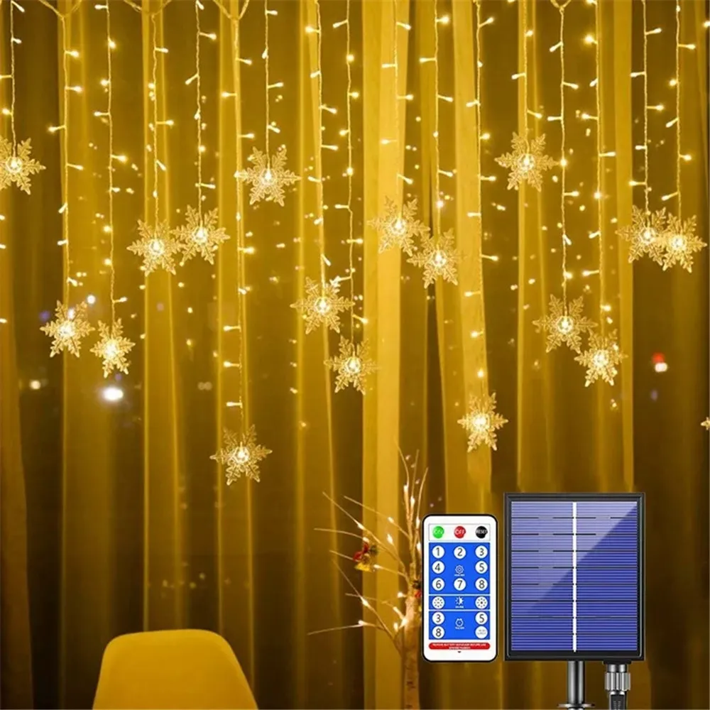 Solar Snowflake Window Curtain Christmas Lights Icicle Fairy String Lights Outdoor Garland Home Party Garden Decoration