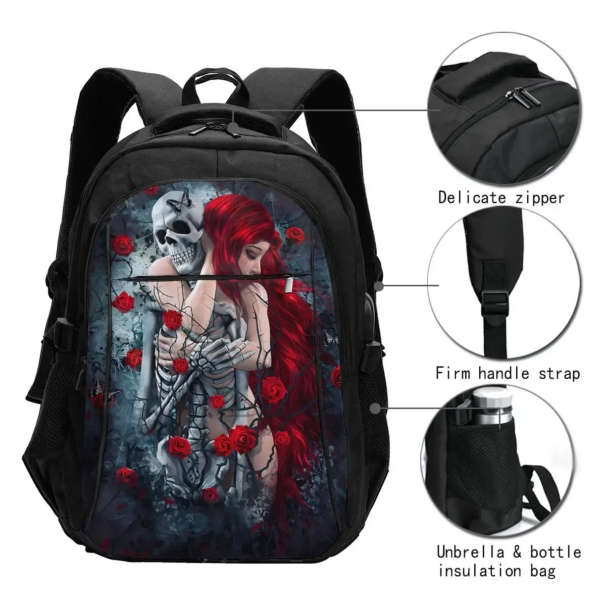 Skull Girl Day Dead Bride Dark Color Rose Travel Laptop Backpack, Business Laptop Backpack with USB Charging Port, College Bag