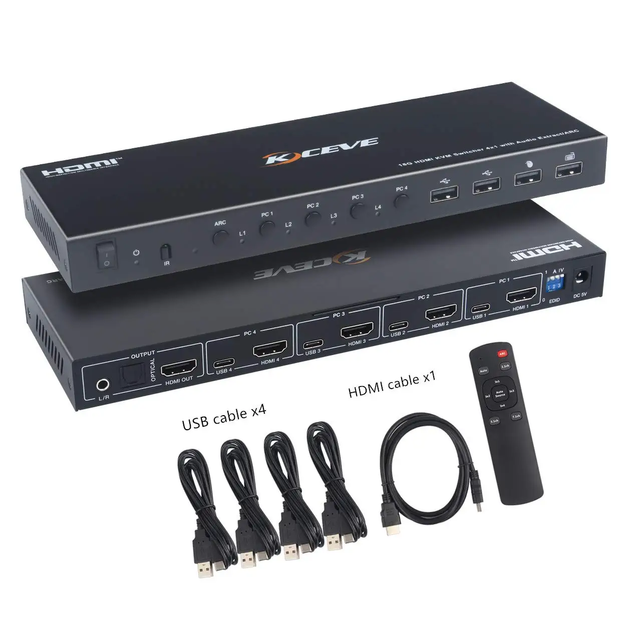 

KVM Switch 4 Computers HDMI KVM Switcher Box Support 4K@60Hz With USB 2.0 Hub Audio And ARC For Windows/Linux/Mac System