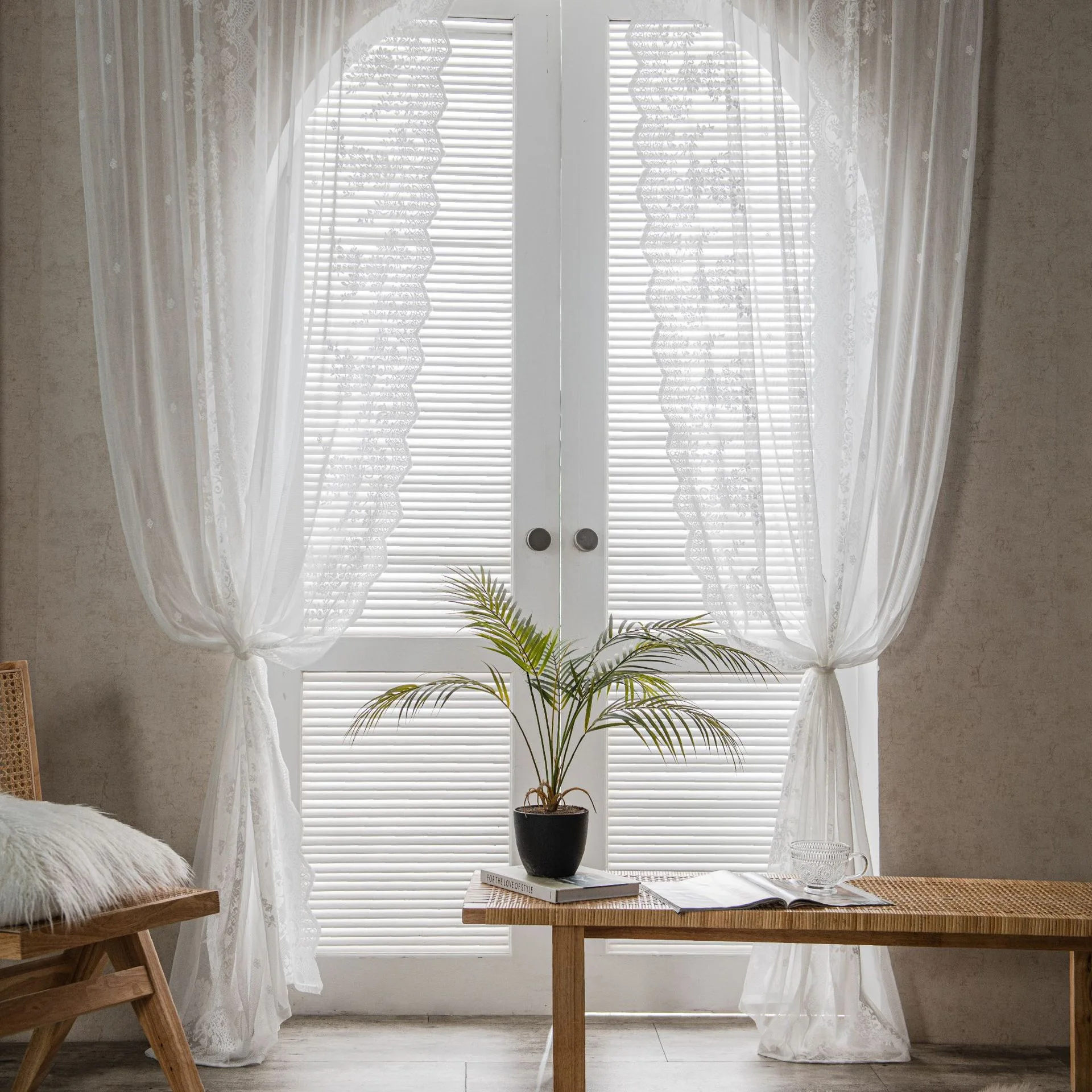 Vintage Light Filtering Lace Sheer Curtains, White Bay Window Partition, Pastoral 2 Panels Set, Scalloped Floral Tulle Drapes