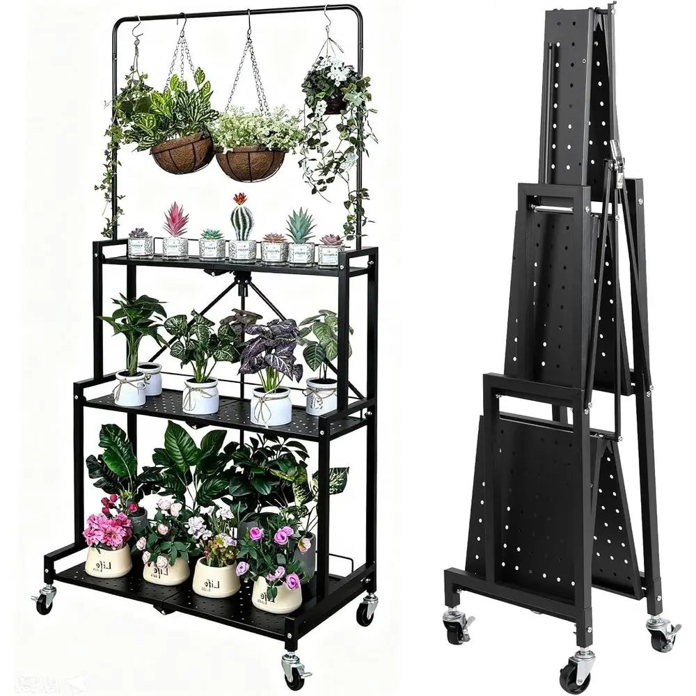 

Sturdy 4-Tier Folding Plant Stand with Wheels for Indoor/Outdoor, Easy Assembly, Space-Saving, Black