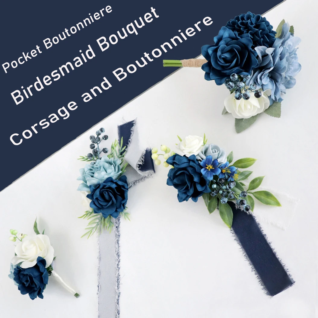 

Yannew 3pcs Set Blue Corsage Boutonniere Bouquets for Bride Groom Bridesmaids Wedding Homecoming Flowers Prom Suit Accessories