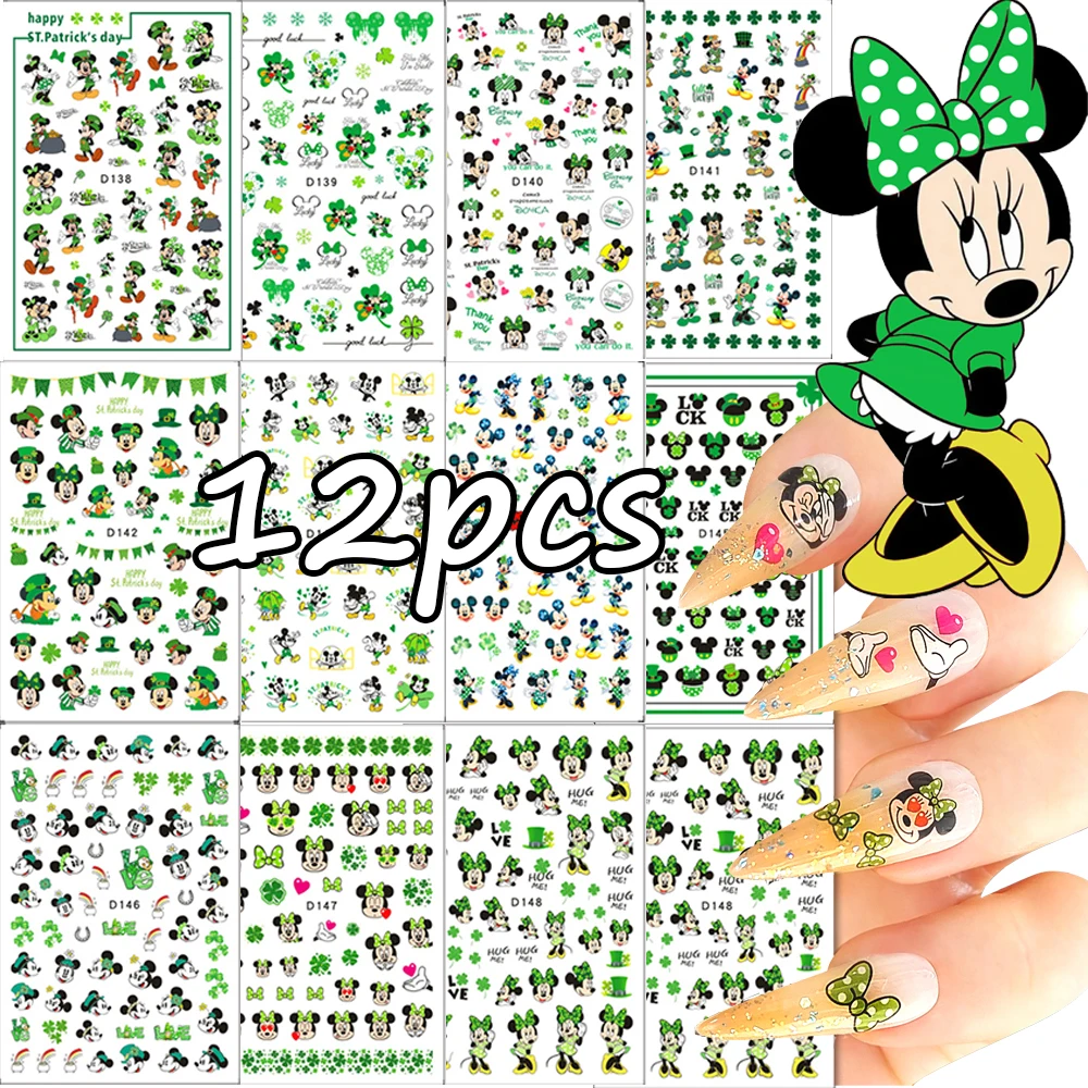 12Pcs/Set Disney Minnie Cartoon Nail Art Stickers Green Mickey Shamrock Kids Anime Nail Decals Kawaii Girls Manicure Sliders Dis