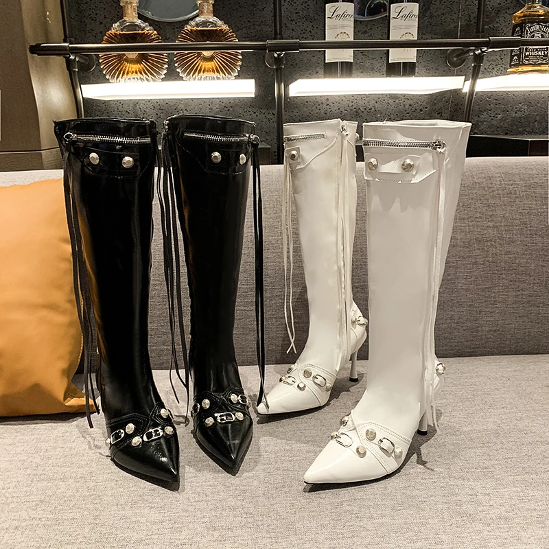 

Cool Girl Motorcycle Long Boots Fashion Pointed Toe Rivet Knee High Booties Autumn Winter Ladies Dancing Party Prom Shoes