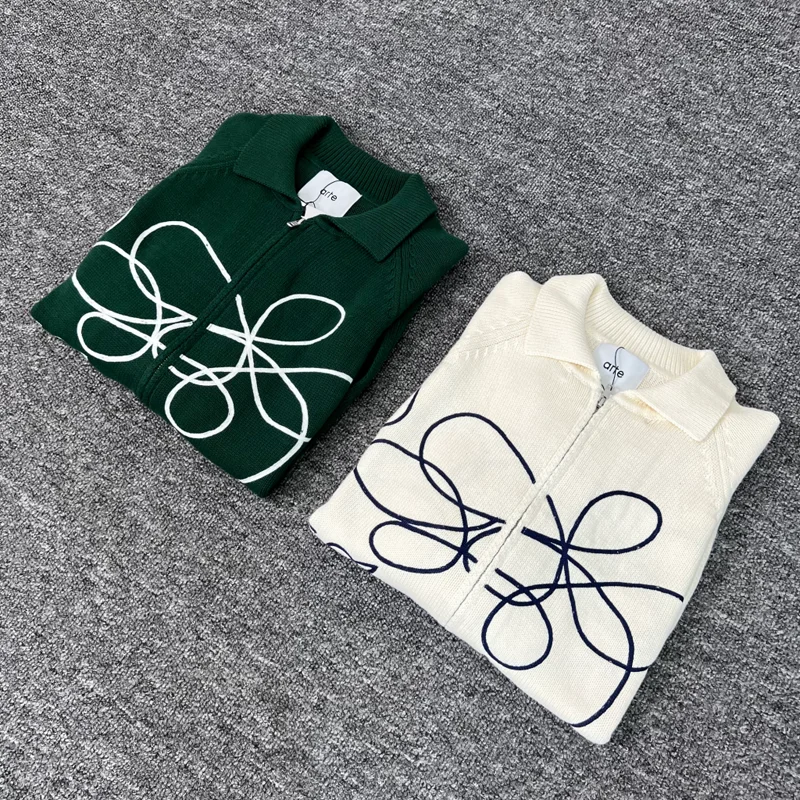 

Arte Zipper Embroidery Flower Lapel Knitt Sweater Winter Clothes Men Women Vintage High Street Beige Green Casual Loose Sweater