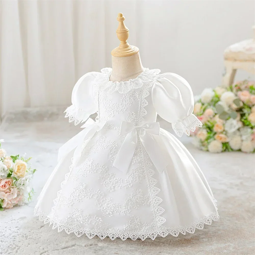 Baby Girls White Lace Dress Infant Baptism Costume Puff Sleeve Toddler Kids Tulle Vestido Wedding Birthday Party 1st Cloth ASQ03