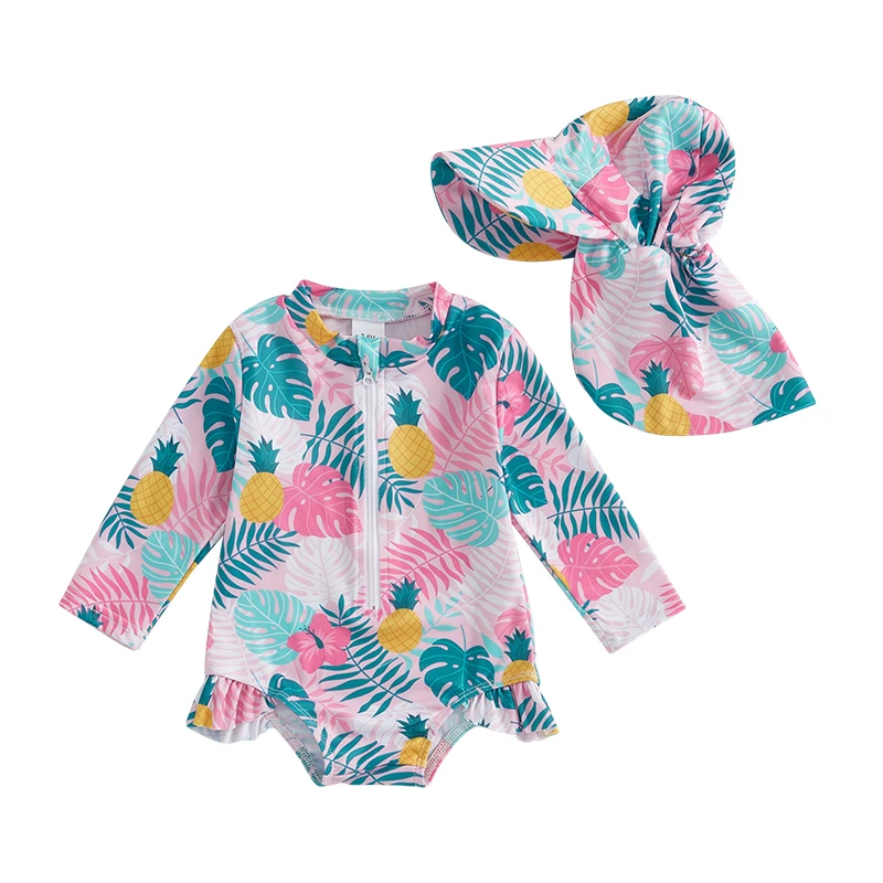 Toddler Girl Rash Guard Swimsuit Tropical Plants Print Long Sleeve Zip Up Bathing Suit with Hat 2 Pcs Set