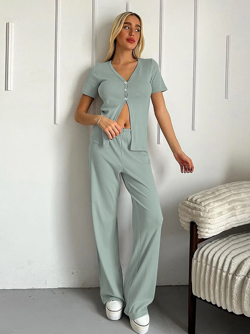 Marthaqiqi Summer Female Sleepwear 2 Piece Set Sexy V-Neck Pajama Short Sleeve Nightwear Pants Casual Women Nightie 2 Piece Suit