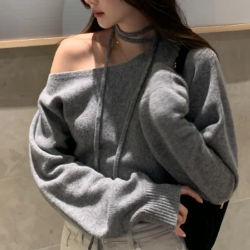 Sexy Pullovers for Women All-match Solid Soft Minimalist Off Shoulder Casual Spring Autumn New Long Sleeve Warm Korean Style Ins