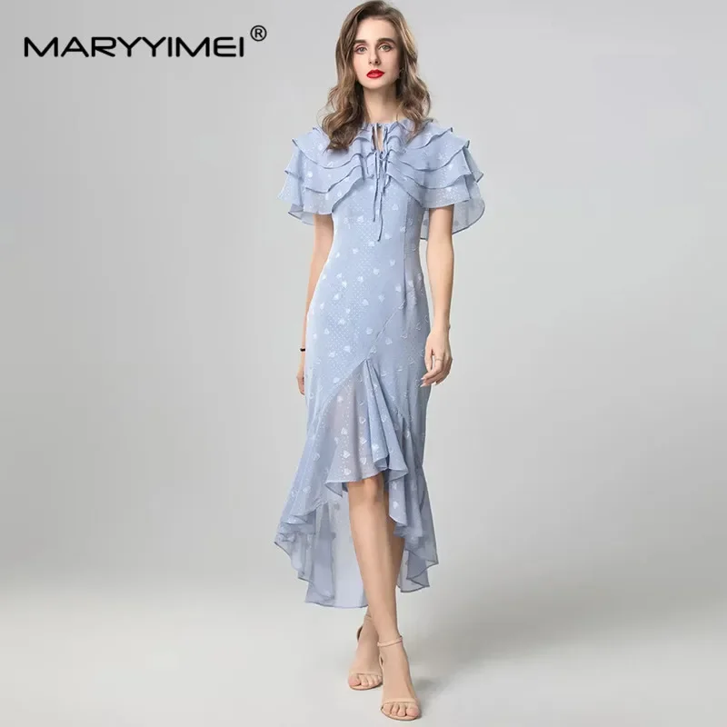 

MARYYIMEI Spring and Summer New Designer Women's Dress Flounced Edge Lace-Up Hollow Out Asymmetrical Mermaid Dresses