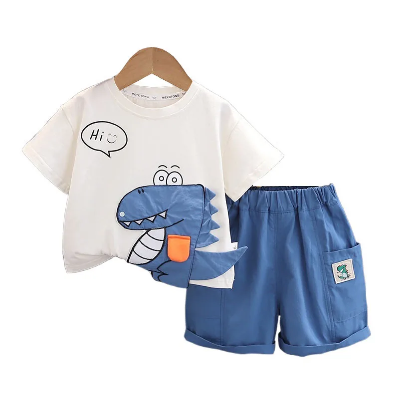 

Kids Boutique Outfits 2025 Summer Clothes for Baby Casual Cartoon Dinosaur O-neck Short Sleeve T-shirts and Shorts Boys Suit Set