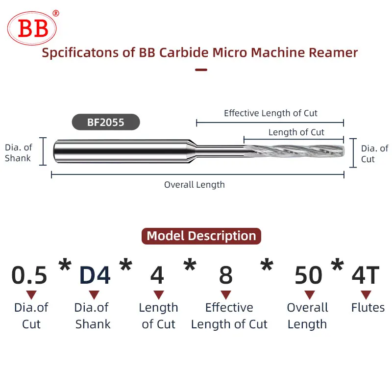 Imagem -02 - Bb-micro Carbide Spiral Flute Machine Reamer Cnc Refrigeração Externa d4 Alumínio Small Hole Making Bright Pro 0.5 Mm2.22 mm