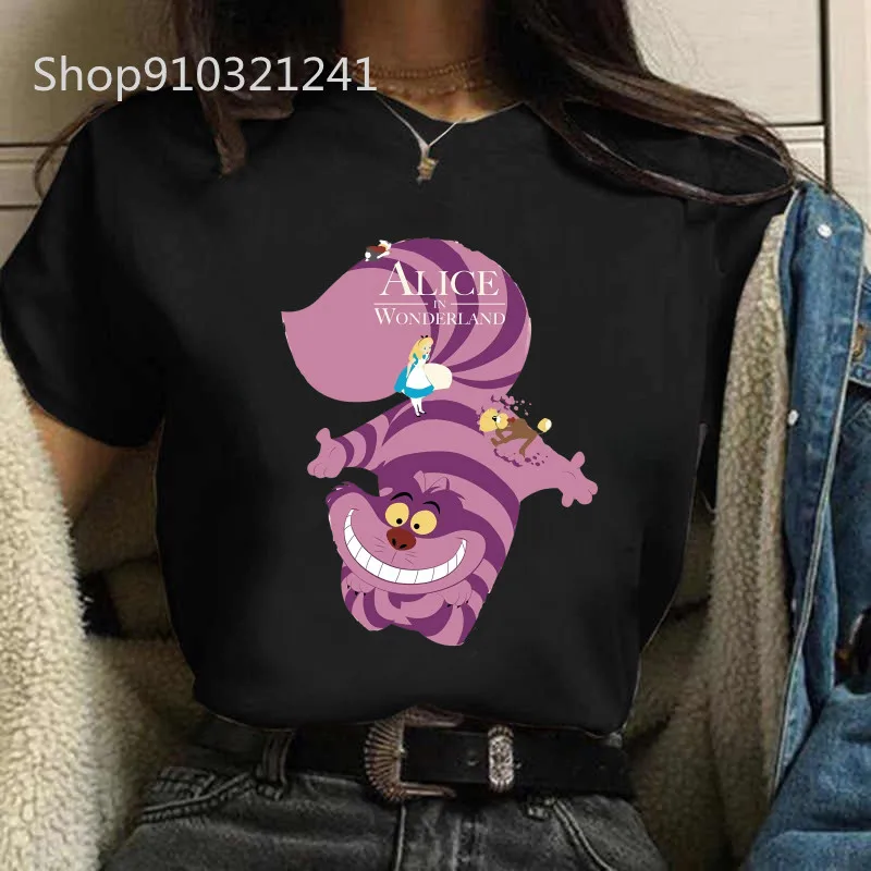 The Cheshire Cat Tshirt Women Printed Alice In Wonderland T Shirt Female Leisure Short Sleeve Trendy Cartoon Tshirt Clothes