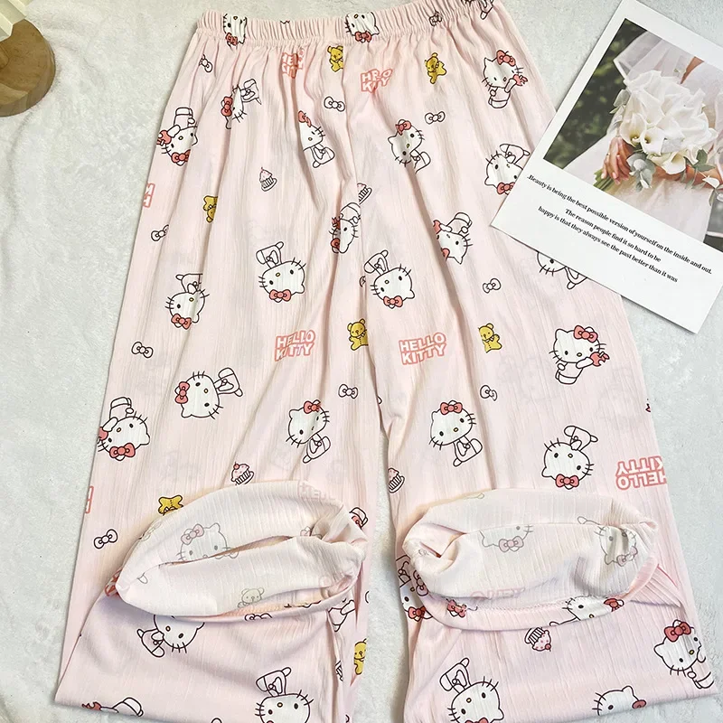 Hello Kitty Pajama Pants Anime Kawaii Sanrio Summer Cool Fabric Cartoon Print Loose Comfortable Breathable Cute Girl Trousers