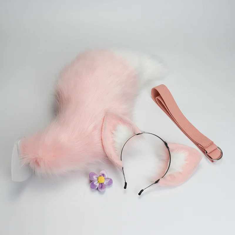 Vêtements de sauna oreilles de renard rose Kawaii, queue d'animal à fourrure, accessoires de costume d'Halloween, bande de sauna pour animaux de compagnie, accessoires de costume Cosplay Anime, 60cm