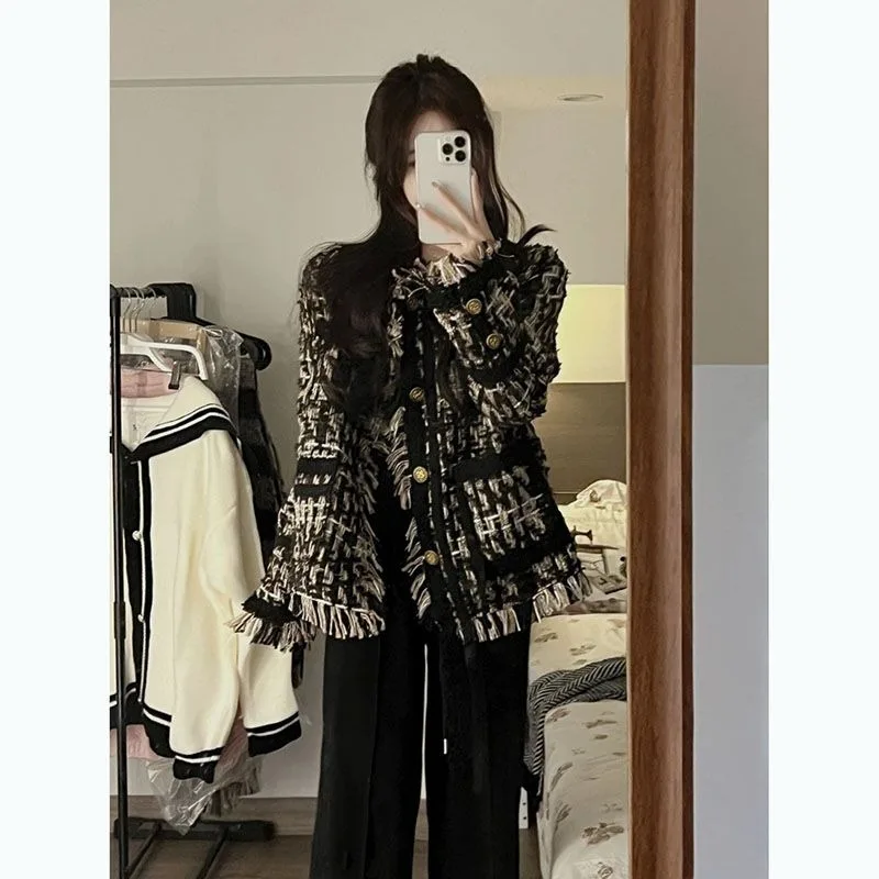 Knit Tassel Short Jacket Cotton Clamping Thickening Type Female Autumn and Winter Sense of Advanced Korean Gentle Tweed Comfort