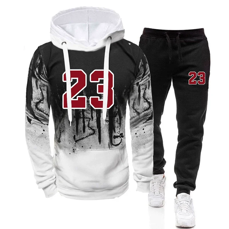 

Mens Tracksuit Sports Printing Casual Hooded Sweatshirts+Pants 2 Piece Set Jogging Clothing Splash-ink Suit Hot Sales Menswear