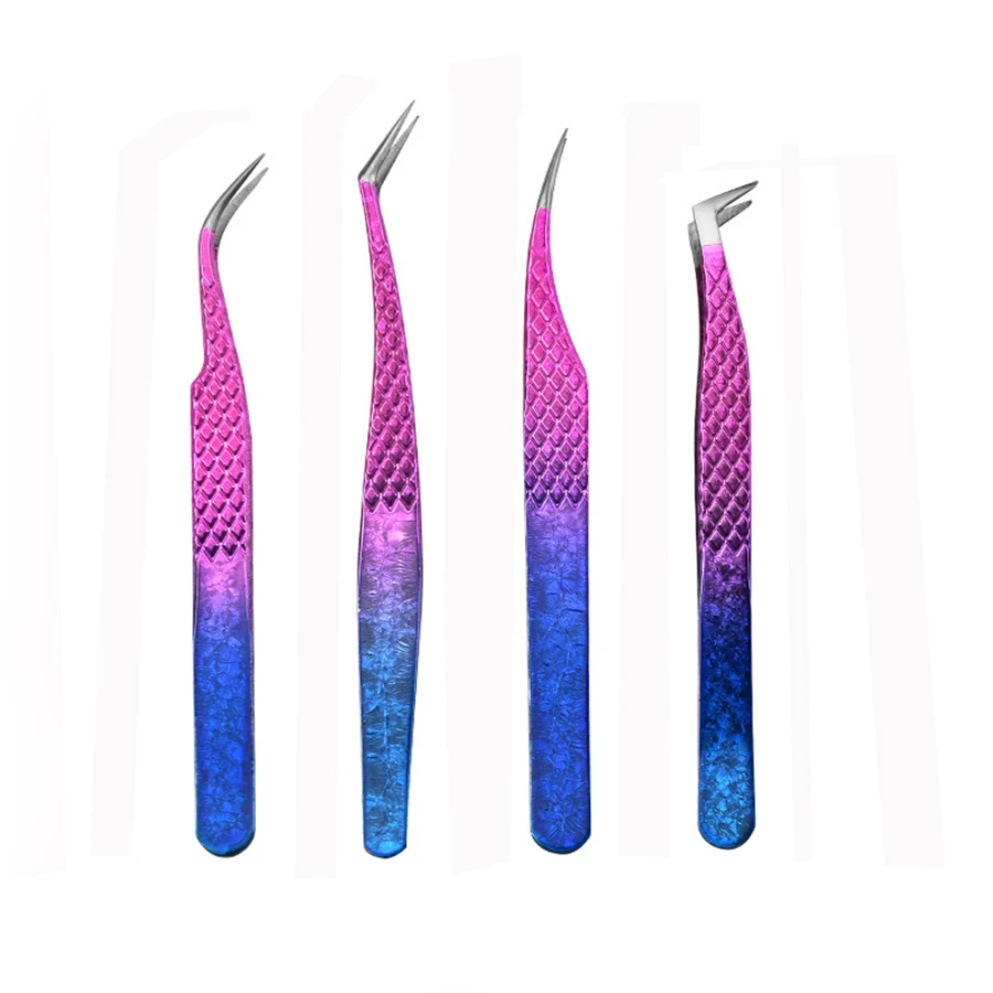 Pince à épiler dégradée rouge et bleue pour greffage de cils, en acier inoxydable de haute précision, 1 pièce