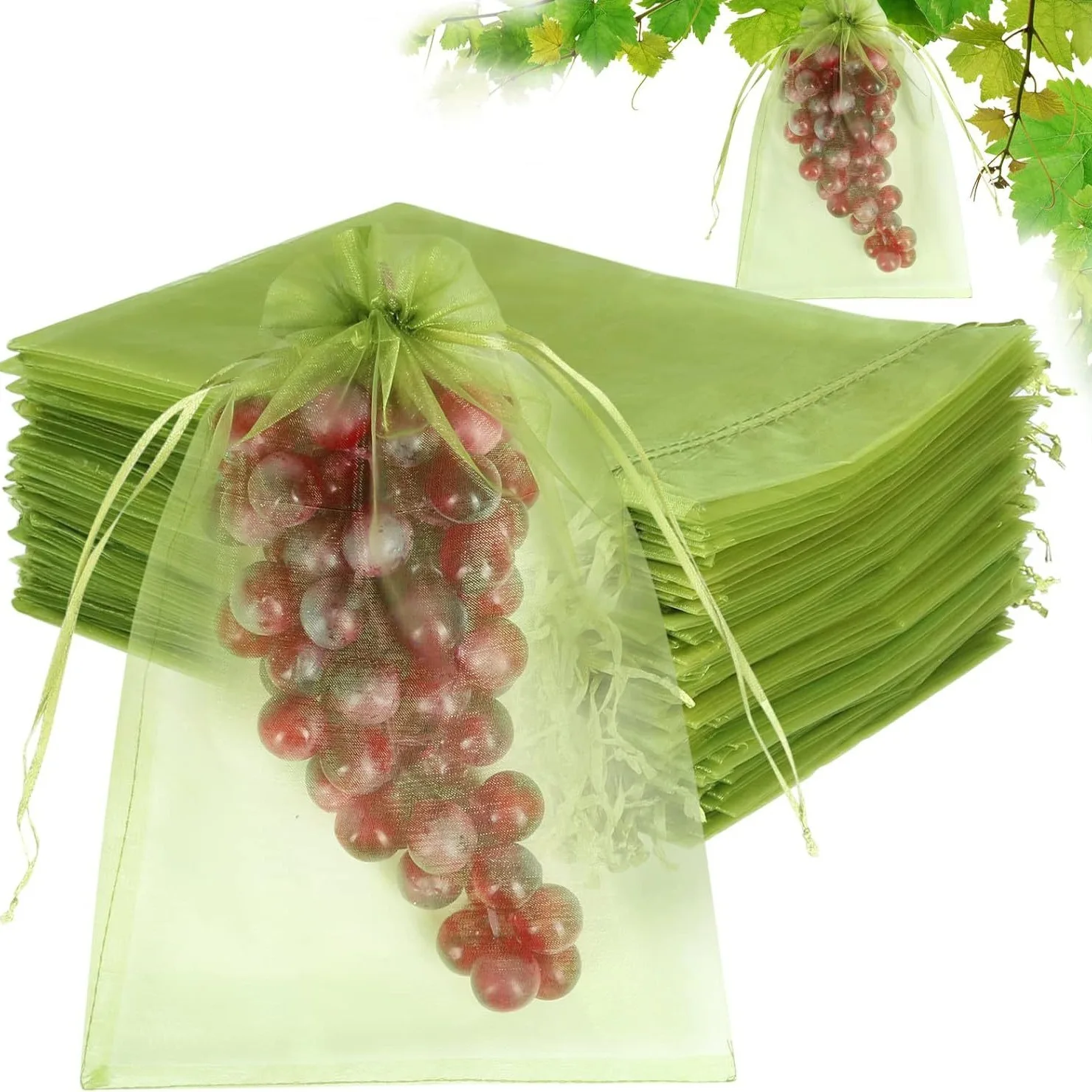

Fruit Protection Bags with Drawstring, Green Organza Produce Bags for Fruit Trees, Mesh Netting for Garden Protection