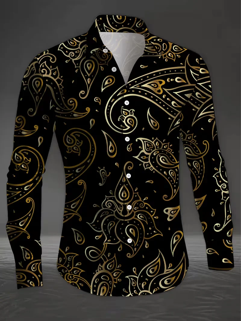 New Men's White Rose Pattern 3D Printed Shirt with Stars, High-Quality Casual Long Sleeved Shirt, Lapel Top