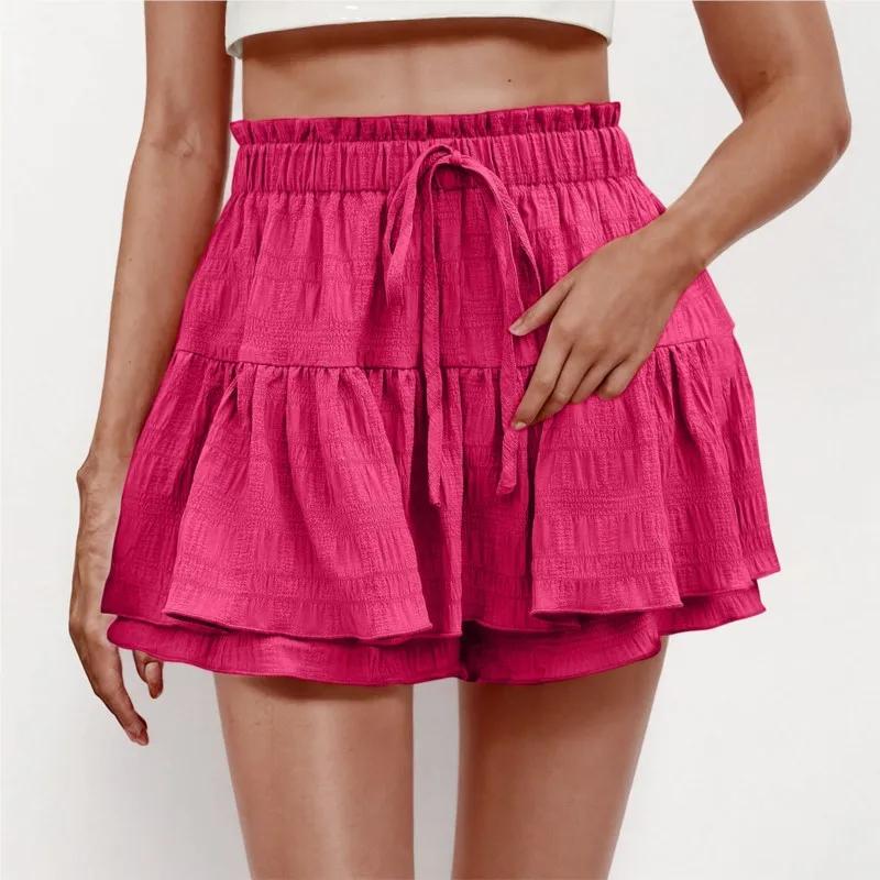 Summer Shorts For Women Fashion Ruffless Drawstring Elastic High Waist Solid Shorts Causal Vacation Beach Skirt Shorts Female
