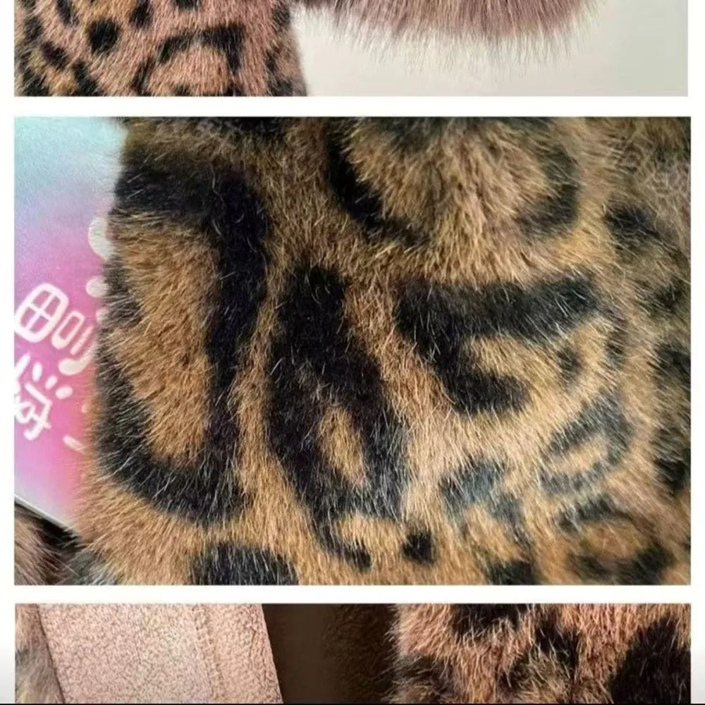 2025년 신상 여성 가을 겨울 레오파드 프린트 고급 모피 코트 중간 길이 고급 모피 칼라 벨트 포함 모피 재킷 오버코트