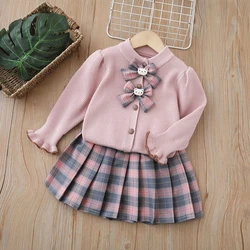 Autumn Winter Girls Sweater Clothing Sets Bear Bow Knitted Cardigan+Pleated Skirt 2Pcs Outfit Toddler Girl Clothes For 2-6 Years