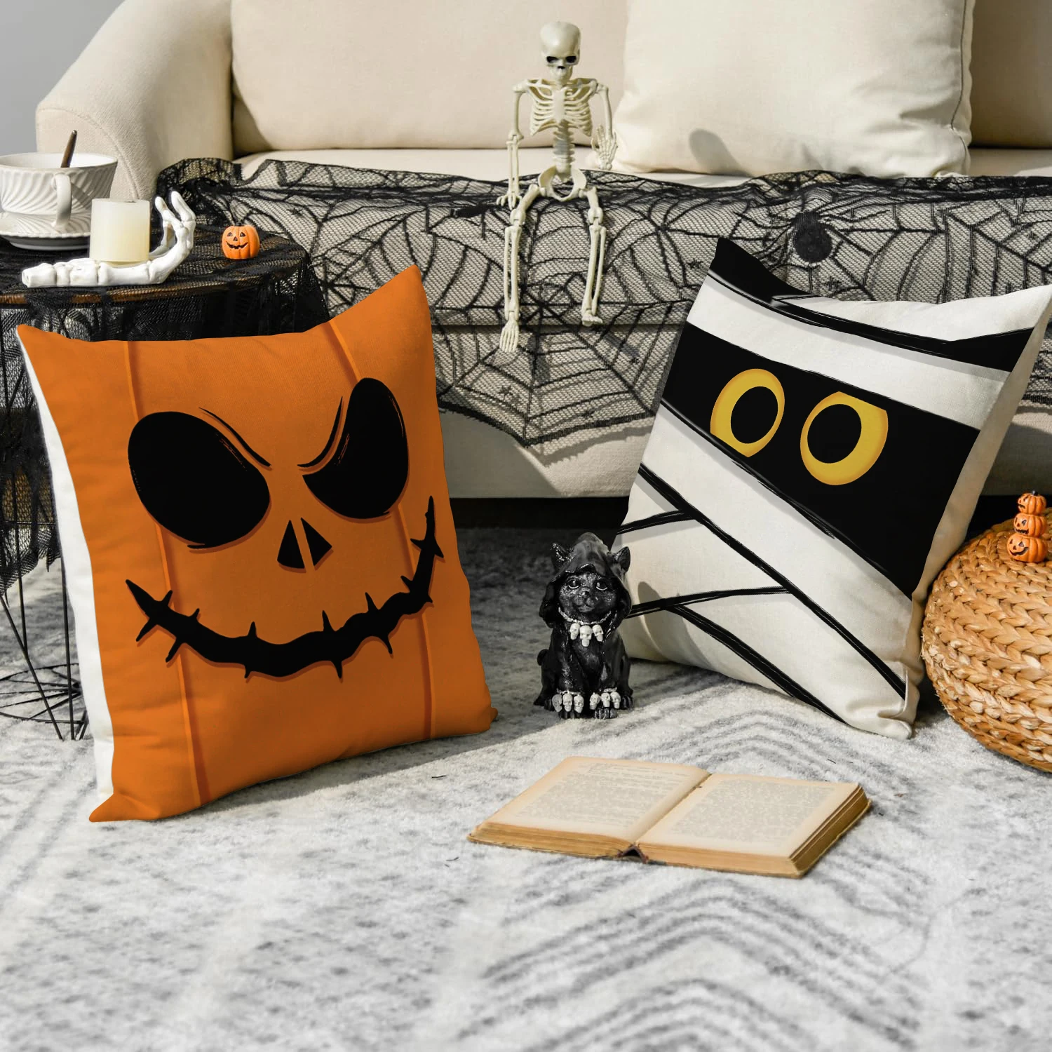 1/4 قطعة كيس وسادة للهالوين، غطاء وسادة إموجي ممتع باللون البرتقالي للهالوين، أريكة مزخرفة، غرفة معيشة، غطاء وسادة لغرفة النوم