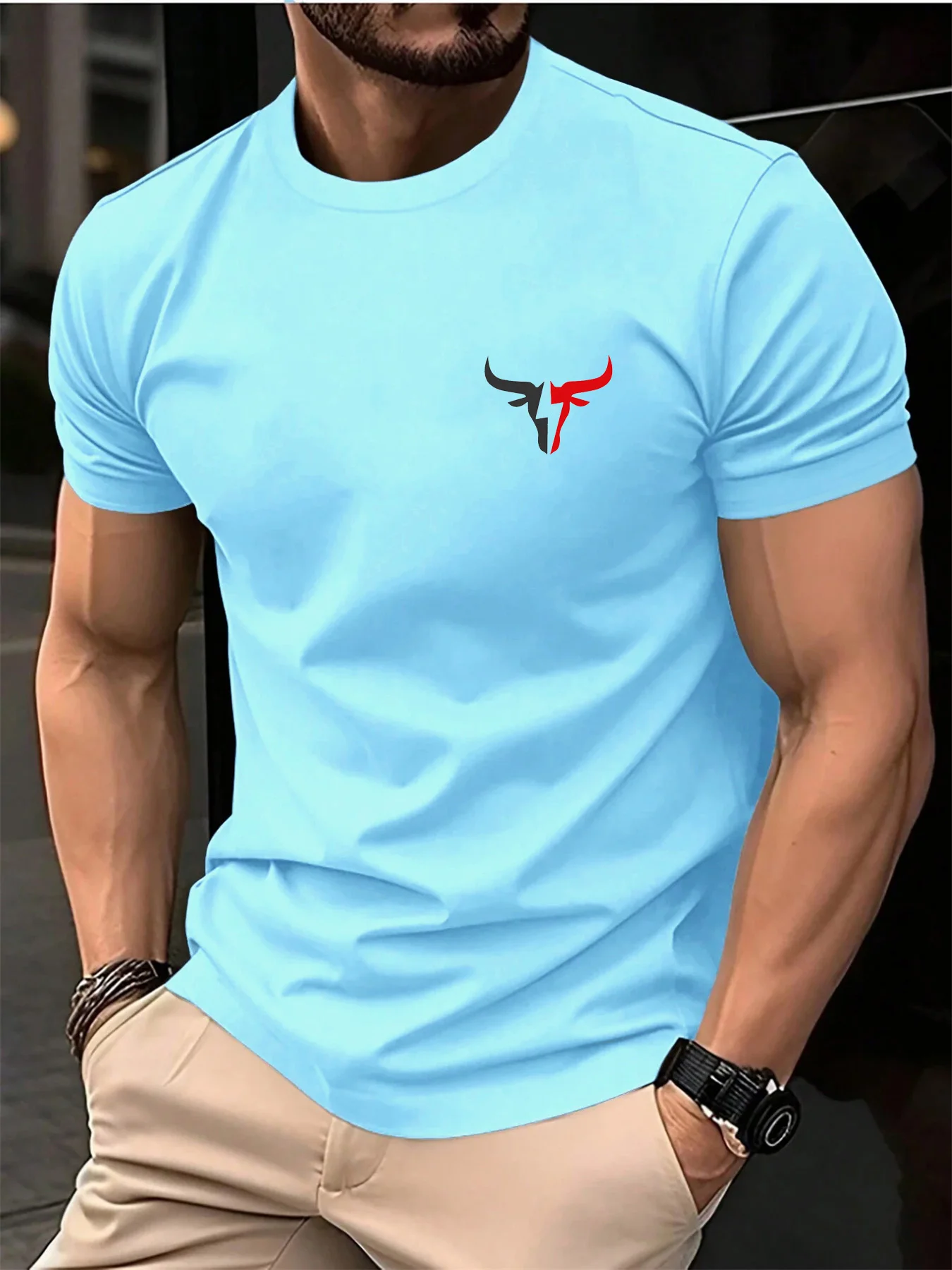 Summer men's 100 cotton casual loose plus size bull pattern printed sports comfortable round neck short sleeved T-shirt top image 6