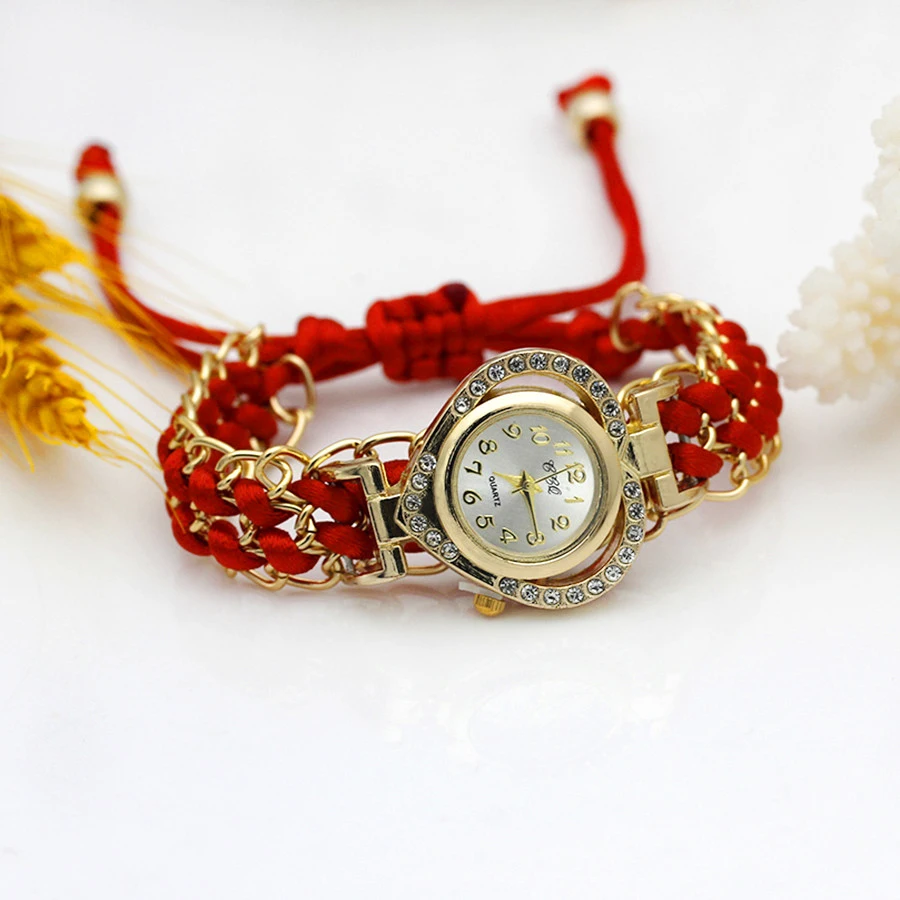 Loving Heart Gold Women Dress Watch New Ladies Hand-knitted Wristwatch Color Sparkling Rhinestone Fabric Clock Sweet Girl Watch