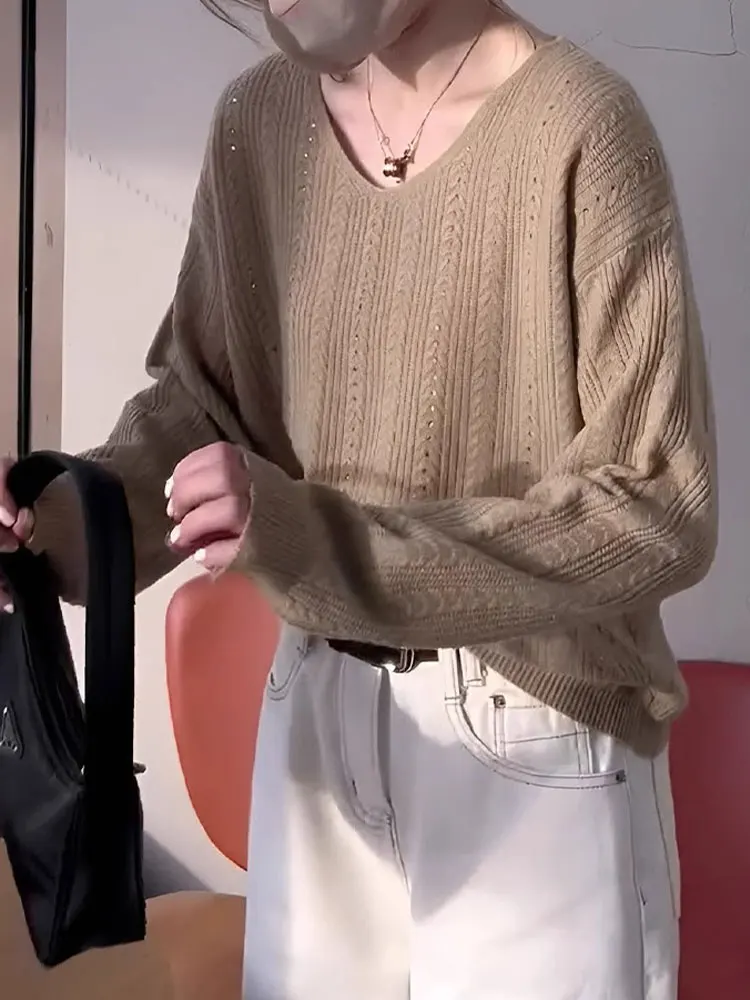 Schicke Khaki-Strickwaren, lang, Swe, lässig, bequem, hautfreundlich, für den Pendelverkehr, neues SLE-Top, weich, gemütlich, reine Farbe, schlichtes Design