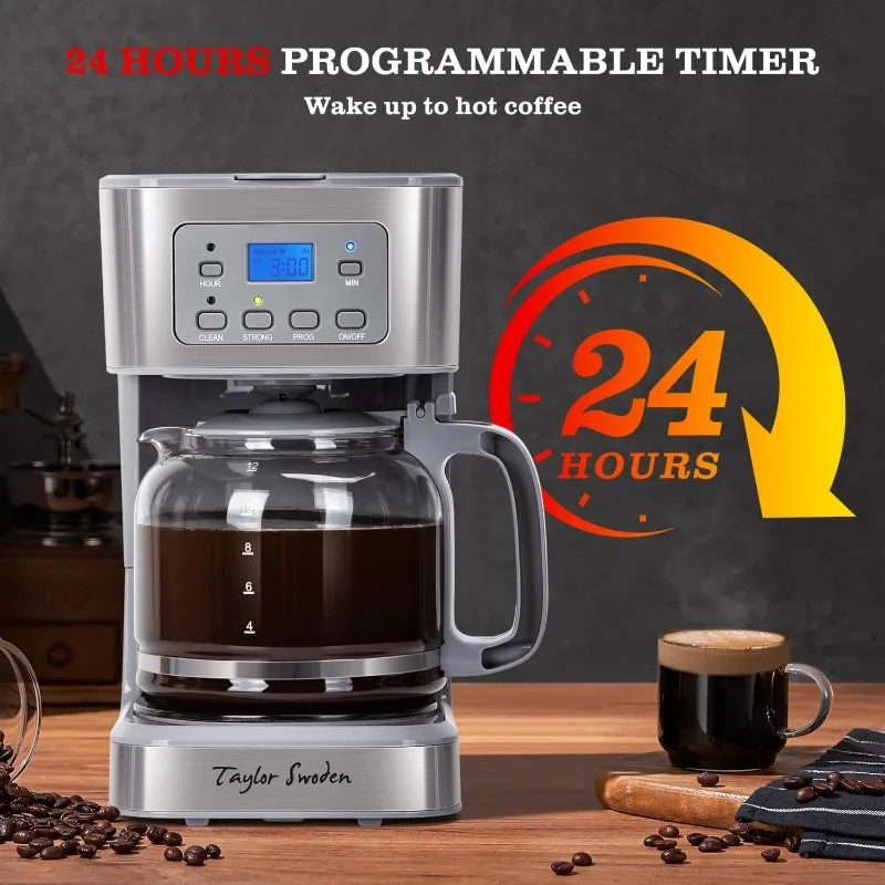 Taylor Swoden 12-Cup Programmable Coffee Maker, Regular & Strong Brew Drip Coffee Machine for Home and Office,