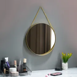 Nordic Round Wall Mounted Mirror with Metal Strap, Hanging Ornament, Salon, Bathroom, Bedroom Decor, Makeup Mirror